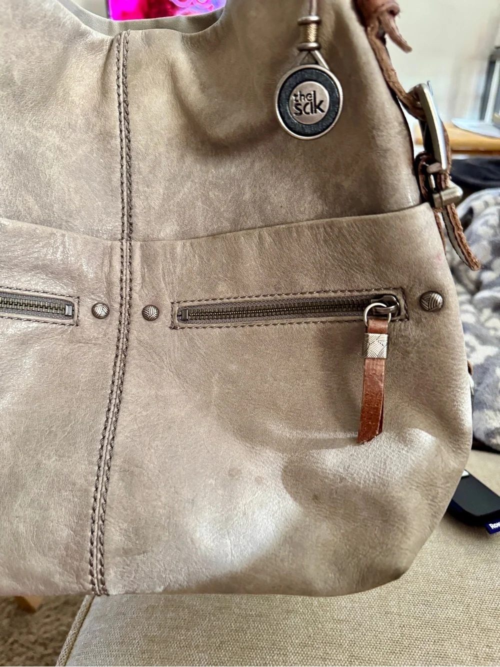 The Sak Neutral Beige Crossbody Bag with Brown Leather Strap